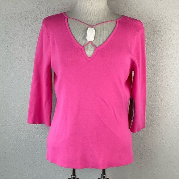 NWT Josephine Chaus Womens Pink 3/4 Sleeve Blosus Top with Jewel at Neck Size L - Picture 1 of 8
